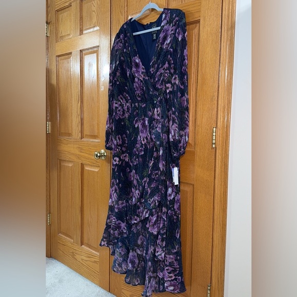 Women’s Formal Dress Size 20W NIGHTWAY Purple Navy Tie Blouson Long Sleeve Hi-Lo - Picture 10 of 11